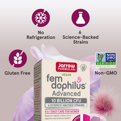 Label graphic highlighting six science-backed strains for vaginal and digestive health