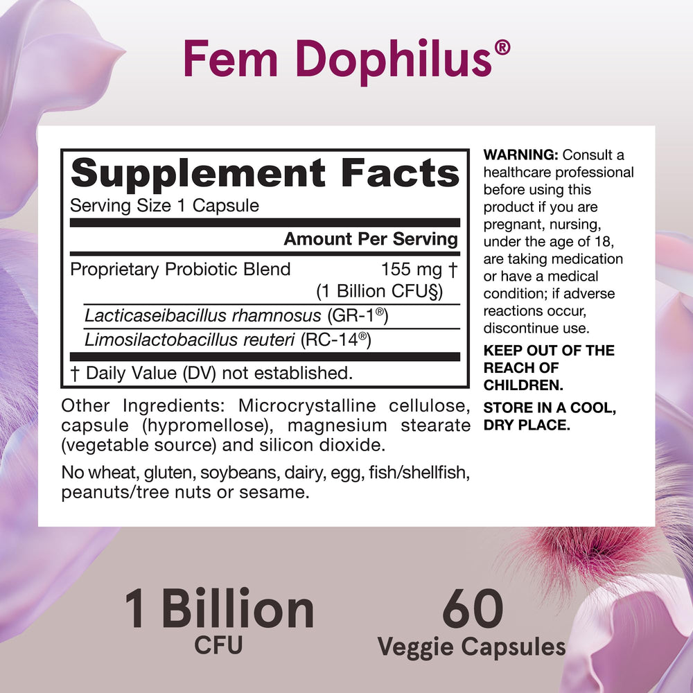Shelf-stable Fem-Dophilus bottle designed for easy daily use.
