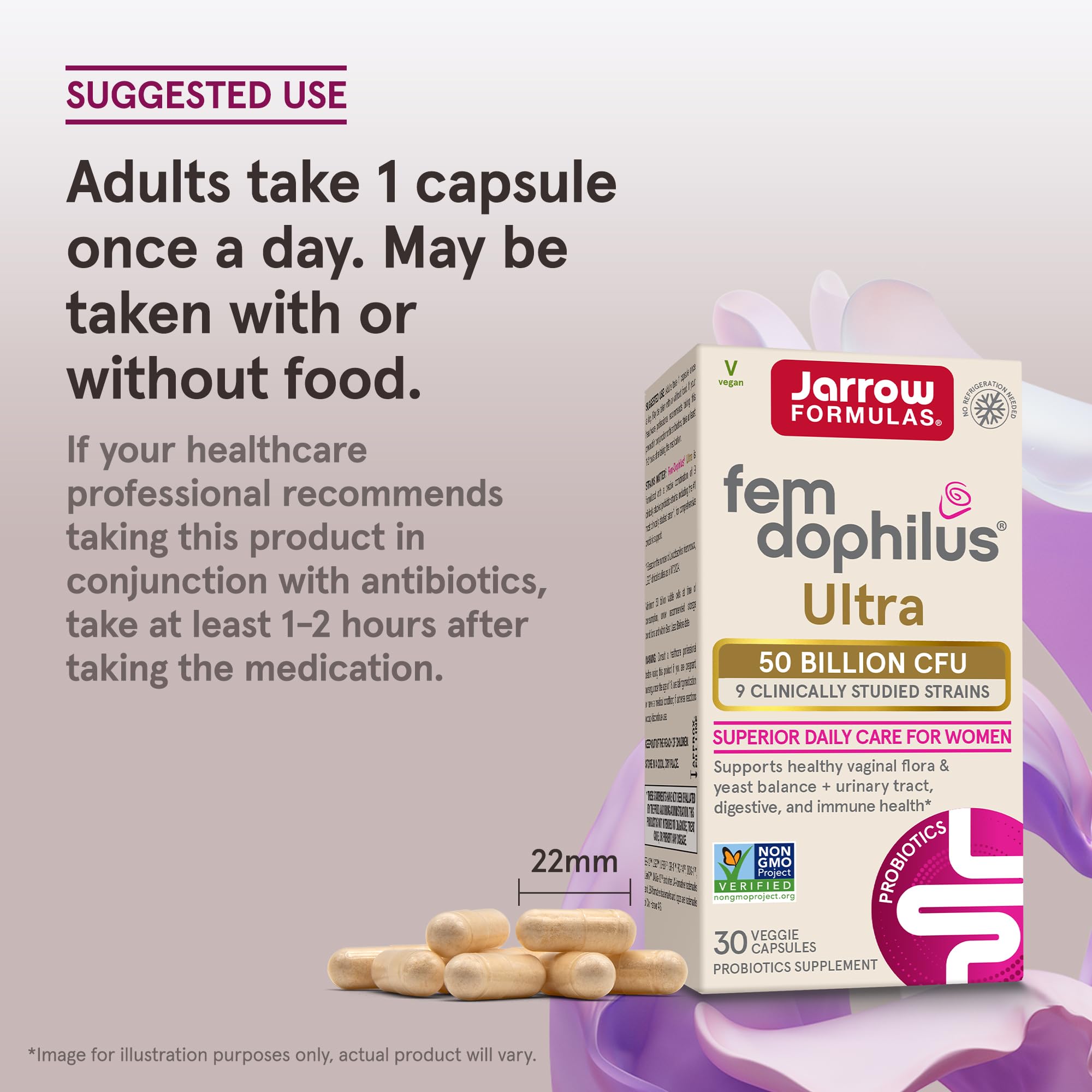 Jarrow Formulas Fem-Dophilus Ultra capsules shown beside antibiotic schedule.