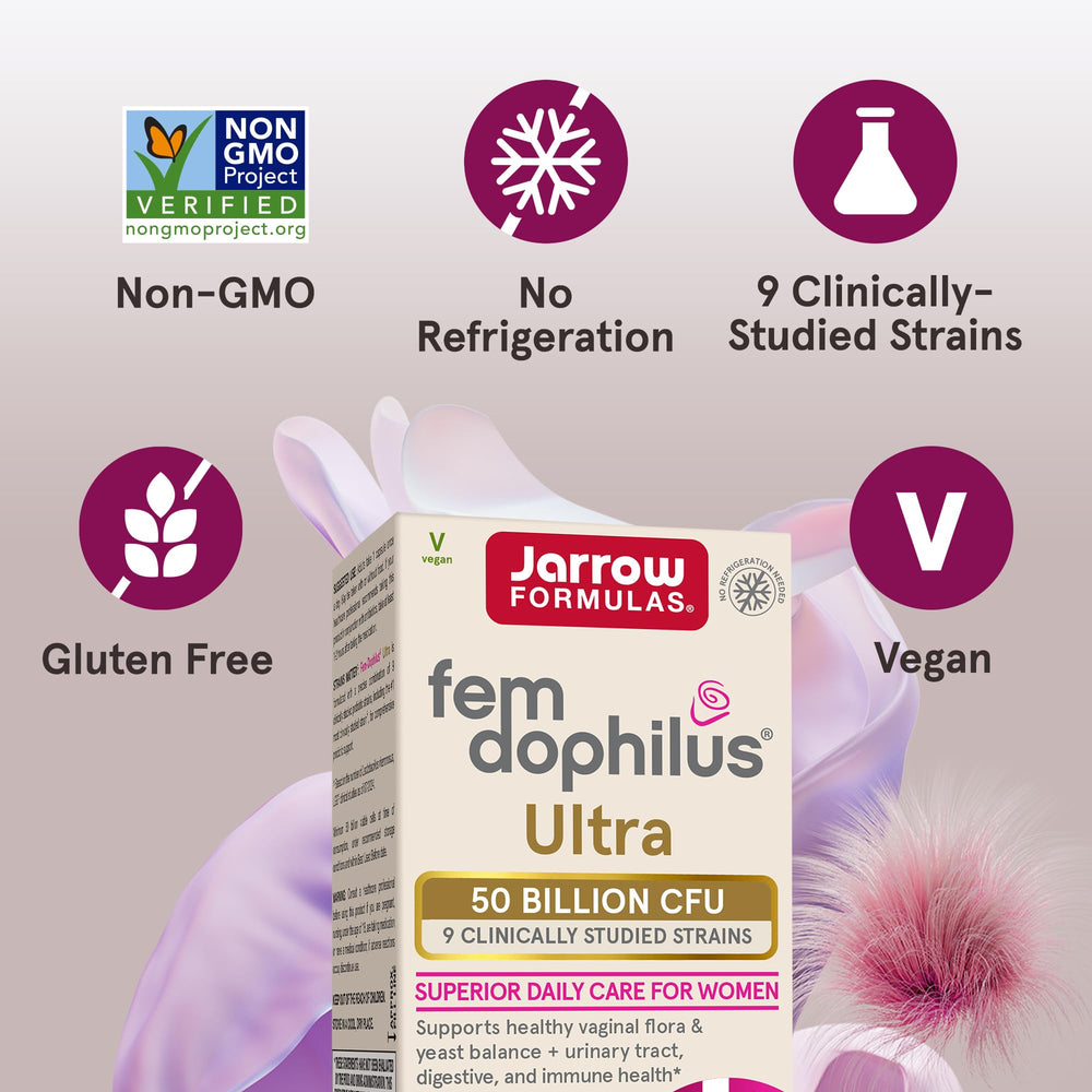 Jarrow Formulas Fem-Dophilus Ultra box packaging displayed on shelf.
