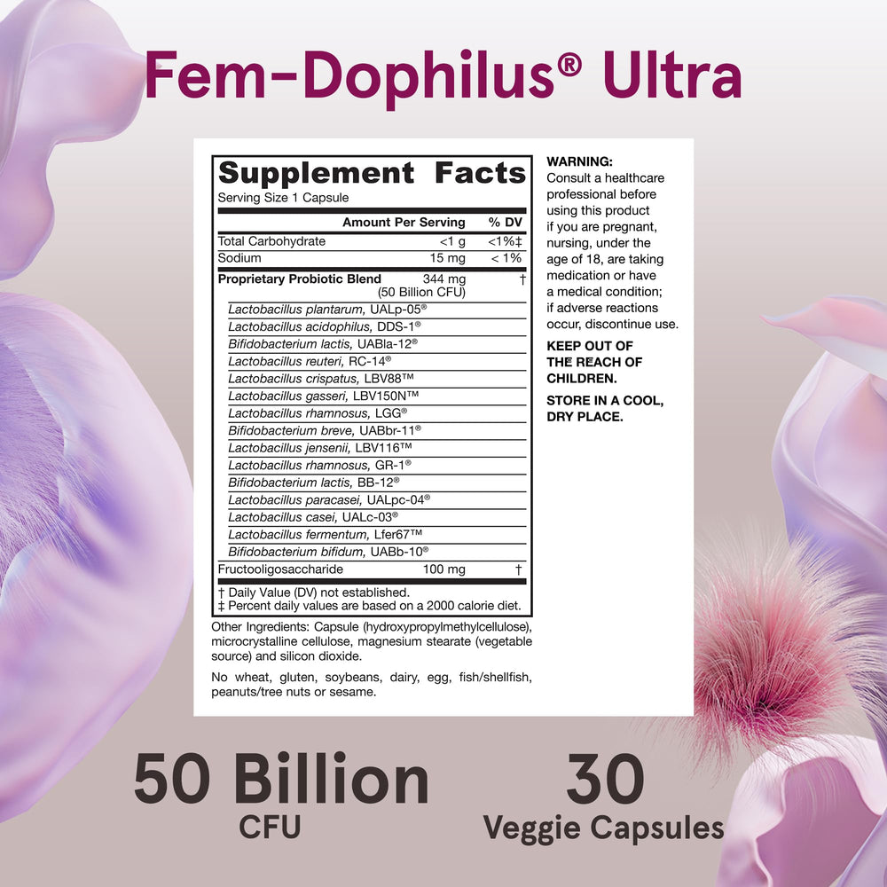 Jarrow Formulas Fem-Dophilus Ultra daily-dose capsules for convenient routine.