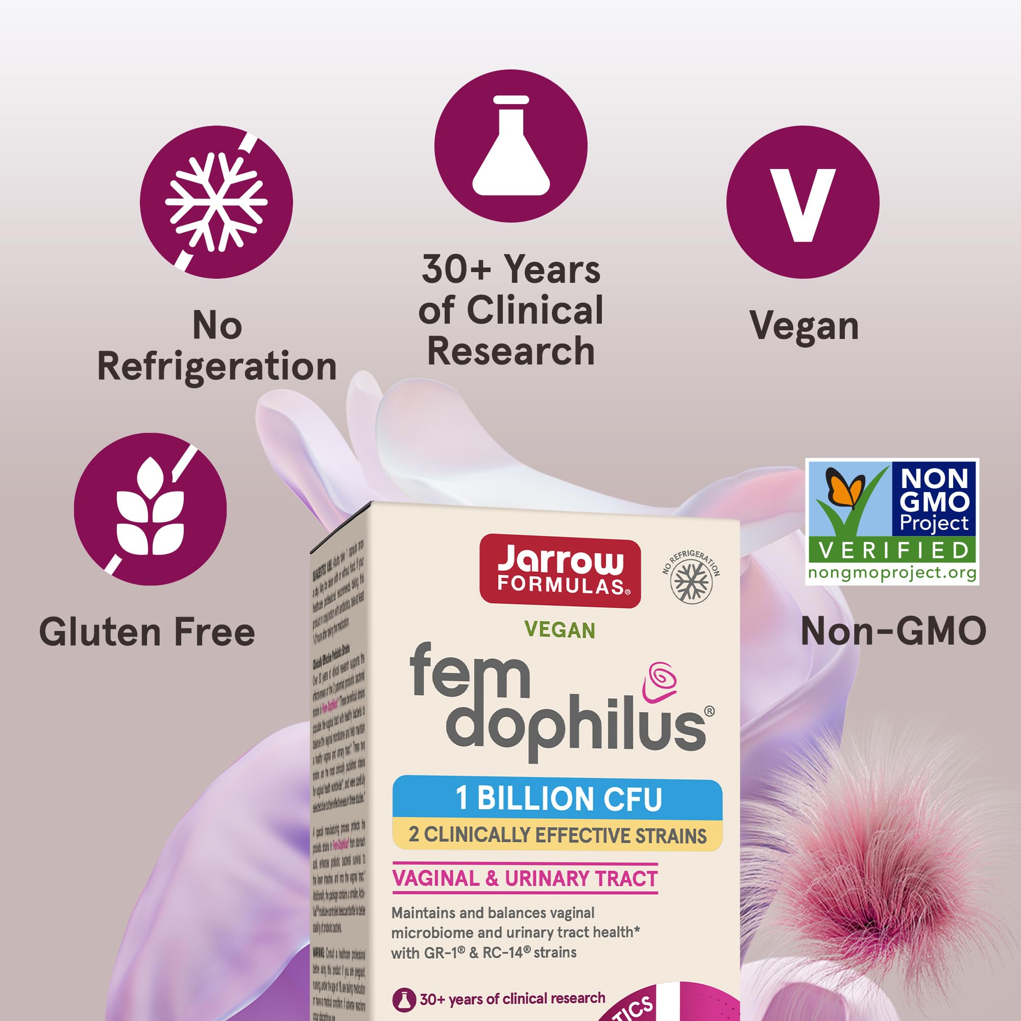  Vegan and gluten-free badge on Fem-Dophilus box.