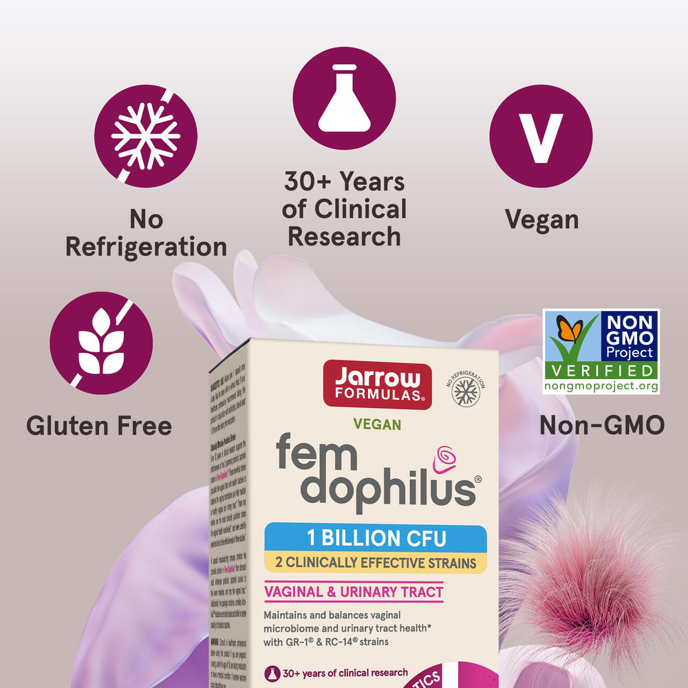  Vegan and gluten-free badge on Fem-Dophilus box.