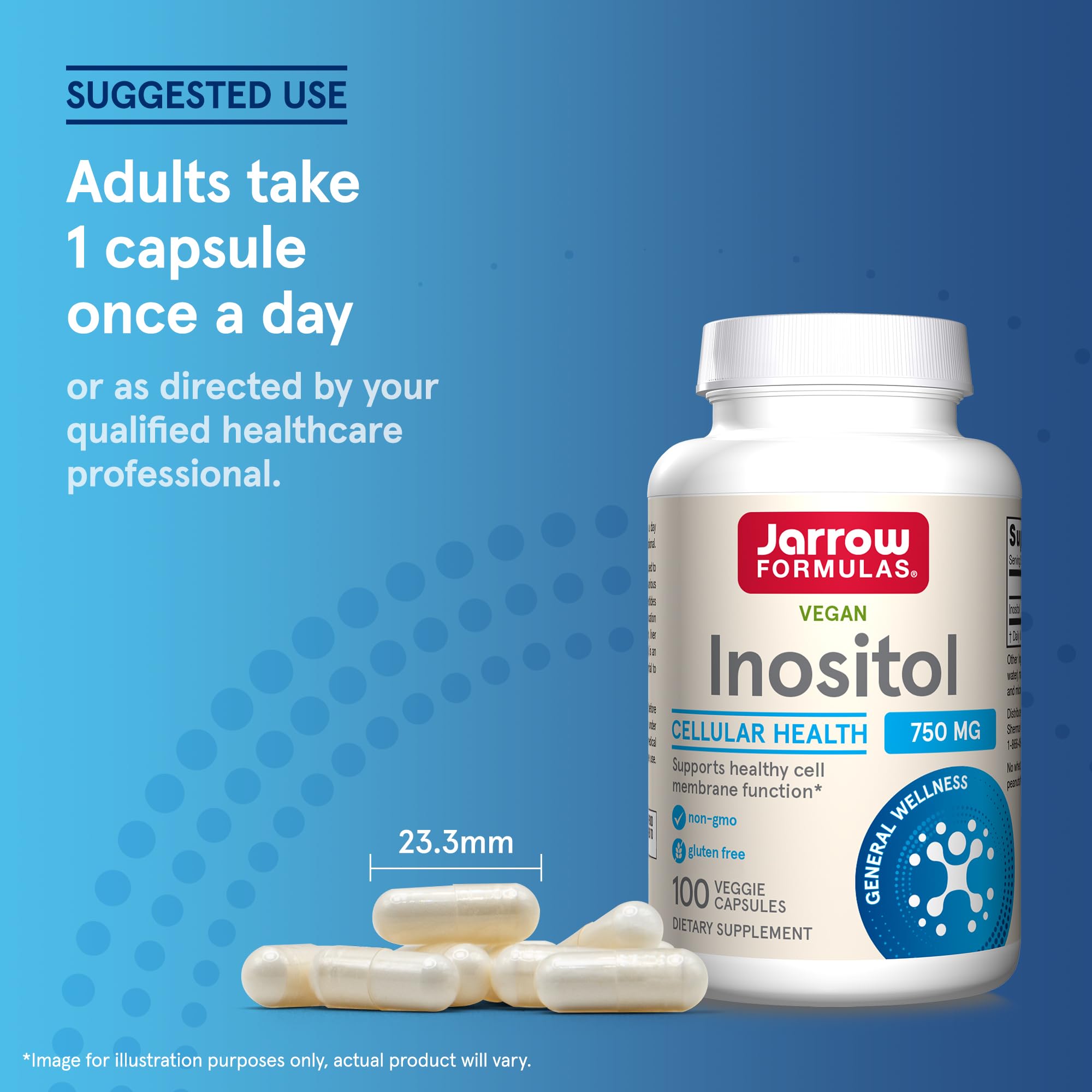 Nutritional facts panel of Jarrow Formulas Inositol shows 750 mg per capsule