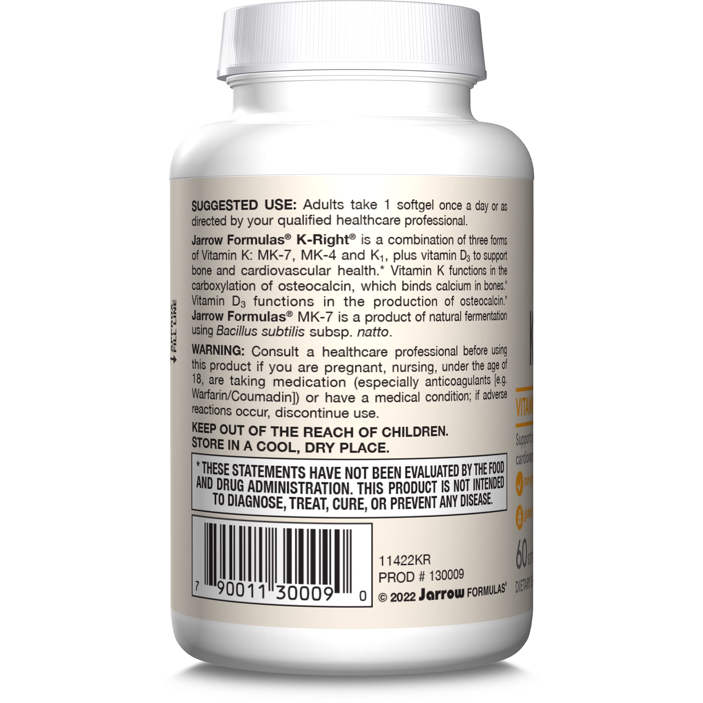 Front view of Jarrow Formulas K-Right bottle on shelf.