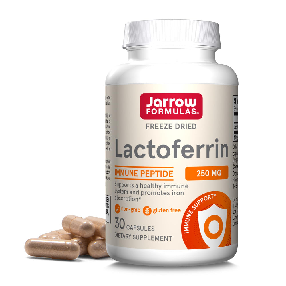 Jarrow Formulas Lactoferrin bottle with 250 mg capsules for daily immune support.