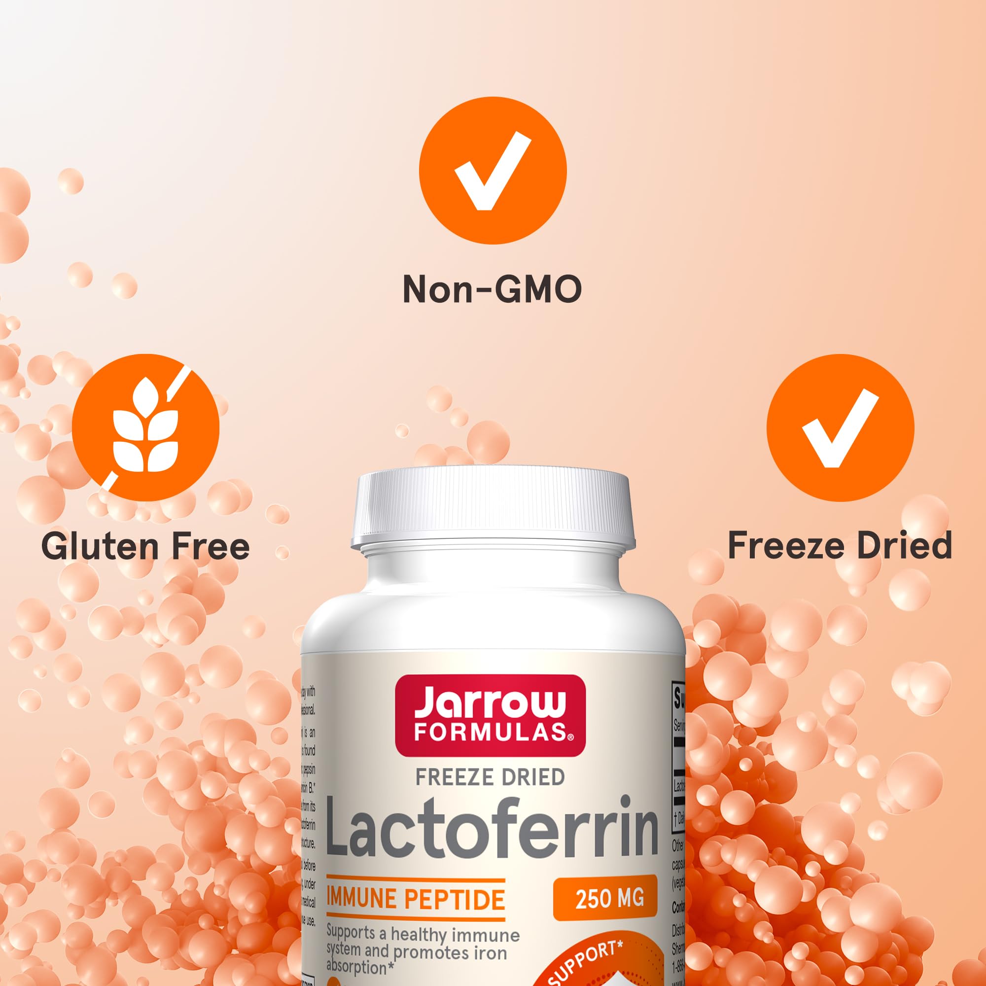 Foil seal and label on Jarrow Formulas Lactoferrin packaging indicating freshness.