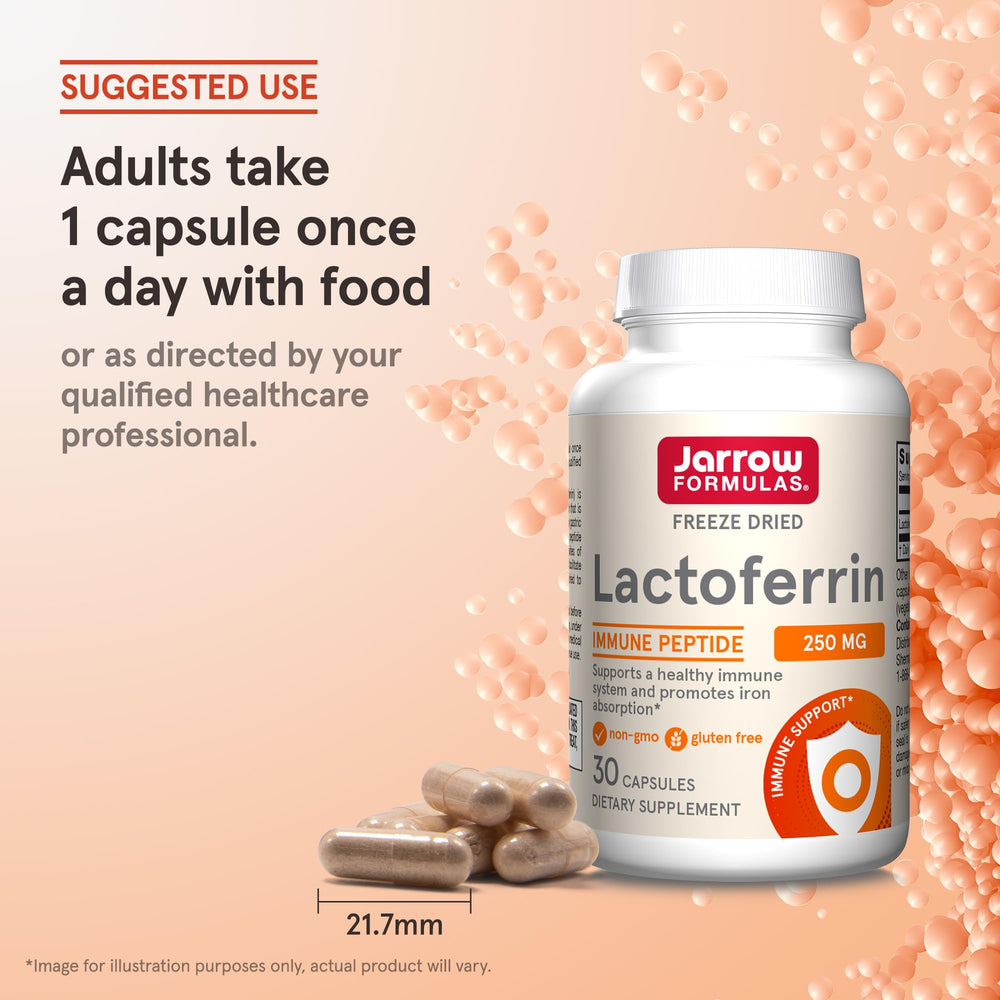 Ingredients list on Jarrow Formulas Lactoferrin packaging featuring 250 mg capsules.