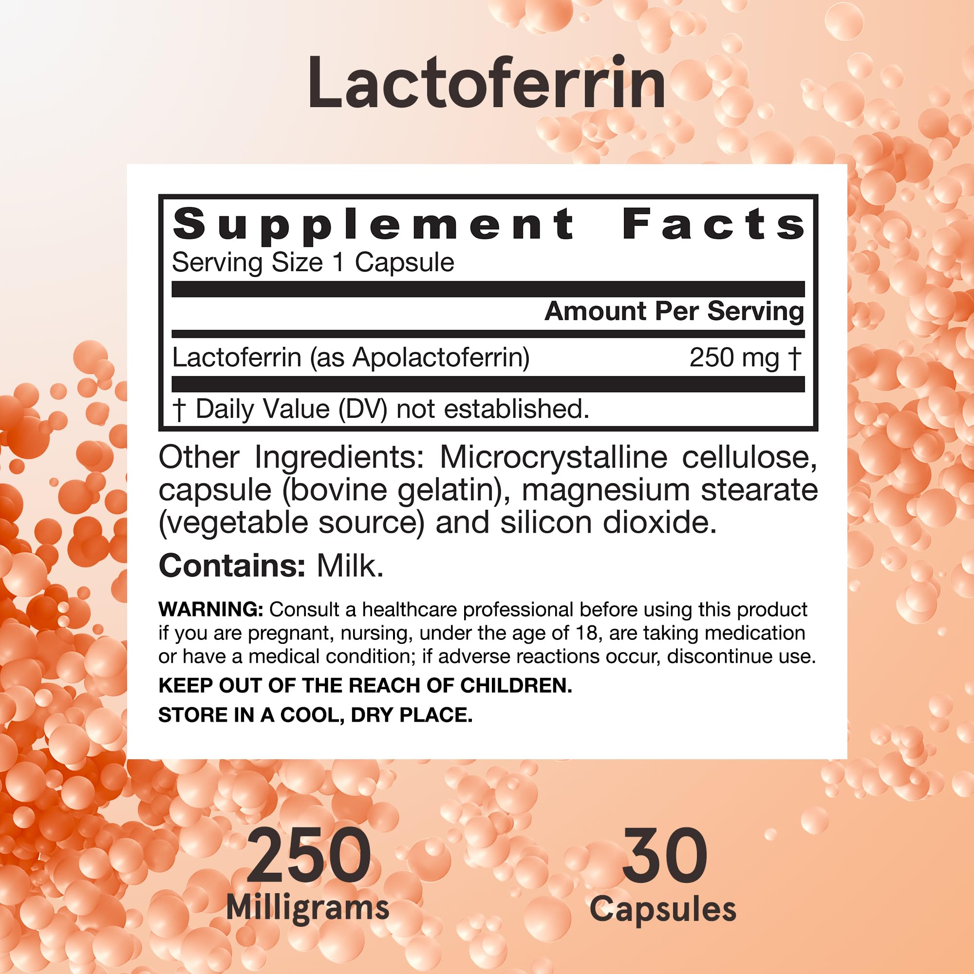 Pouring Jarrow Formulas Lactoferrin bottle showing capsules for daily intake.