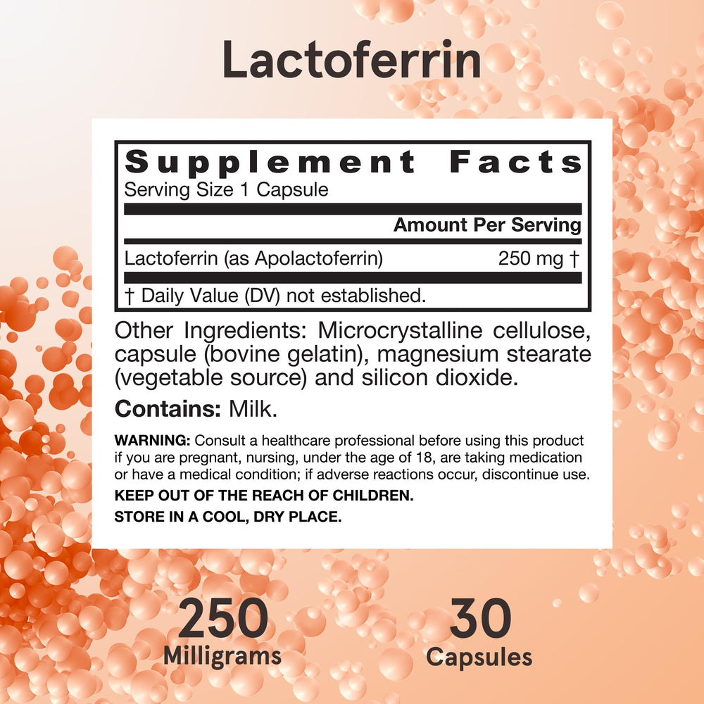 Pouring Jarrow Formulas Lactoferrin bottle showing capsules for daily intake.