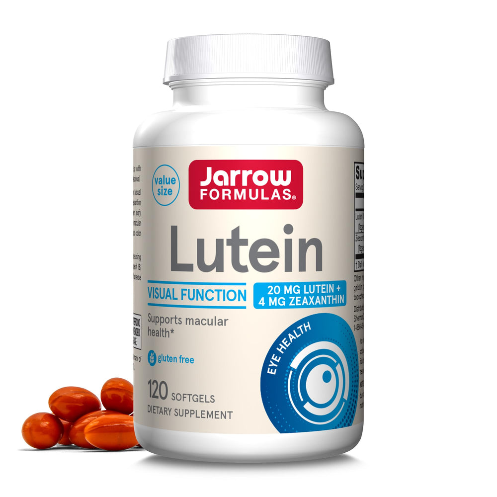 Jarrow Formulas Lutein softgels bottle close-up, highlighting macular health support.