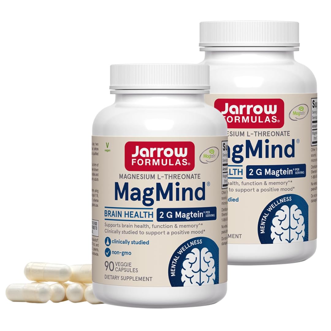 Jarrow Formulas MagMind bottle and capsules on a clean countertop for daily brain support