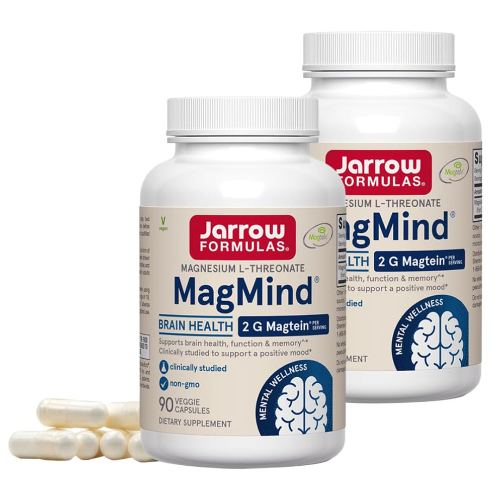 Jarrow Formulas MagMind bottle and capsules on a clean countertop for daily brain support