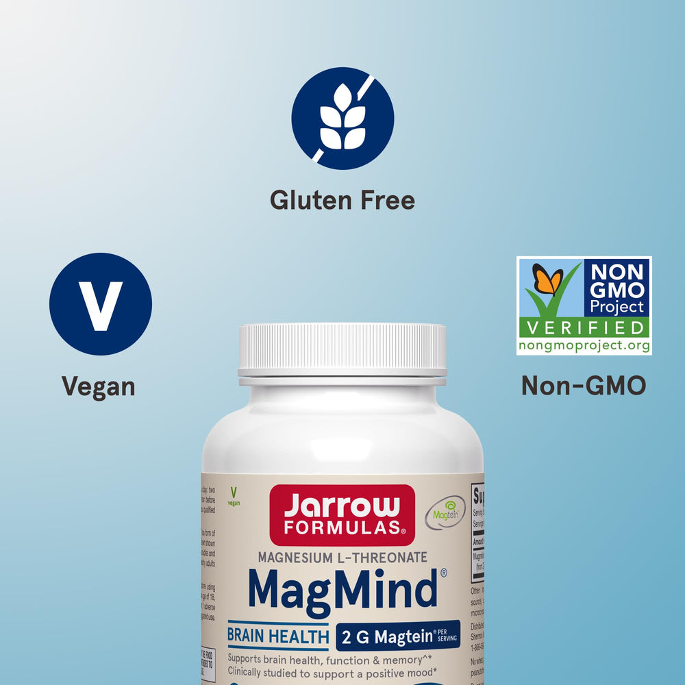 Jarrow Formulas MagMind dosage guide showing three capsules daily.