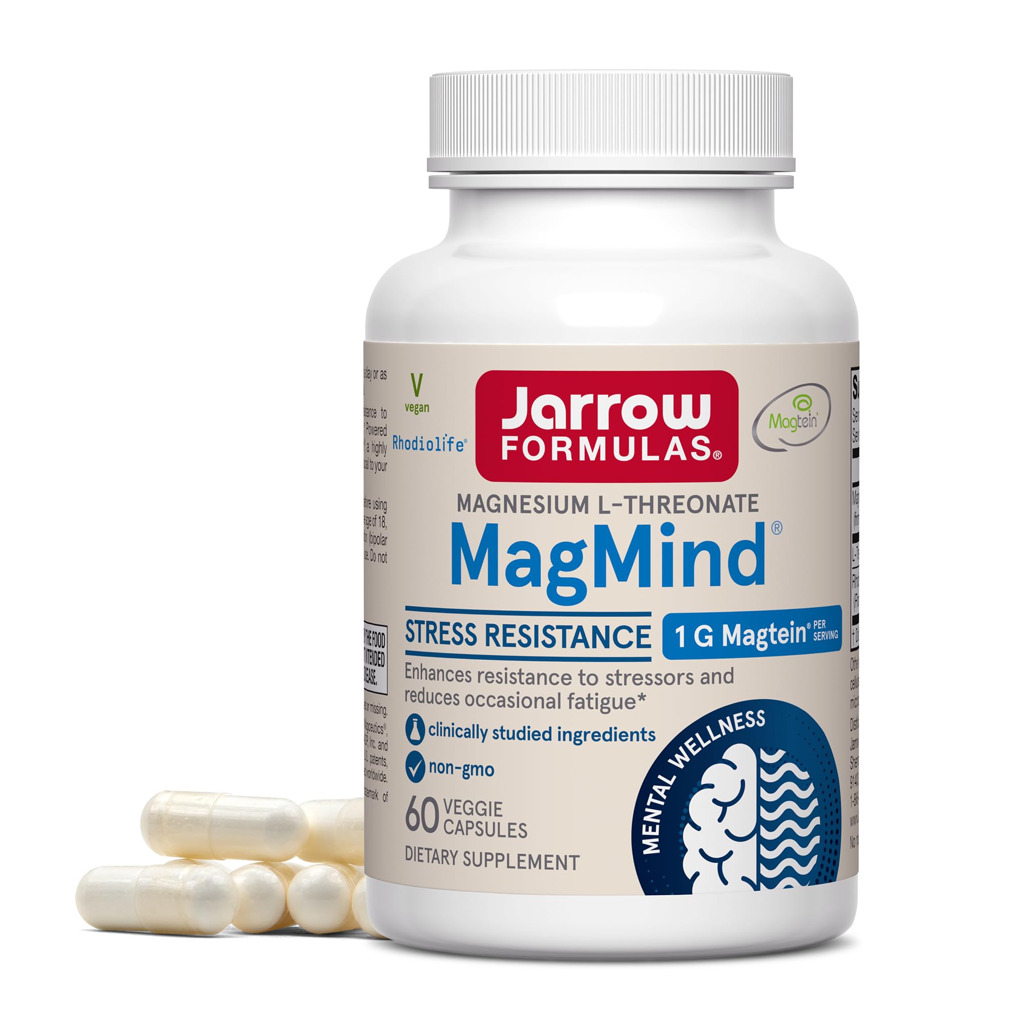 Jarrow Formulas MagMind bottle with label for daily stress resistance.