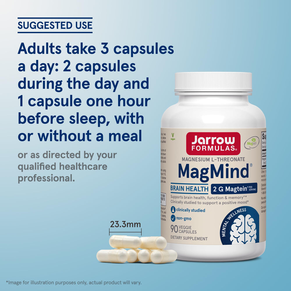 Jarrow Formulas MagMind veggie capsules in hand for easy supplementation.