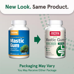 Close-up of Mastic Gum capsules highlighting vegan, gluten-free formula