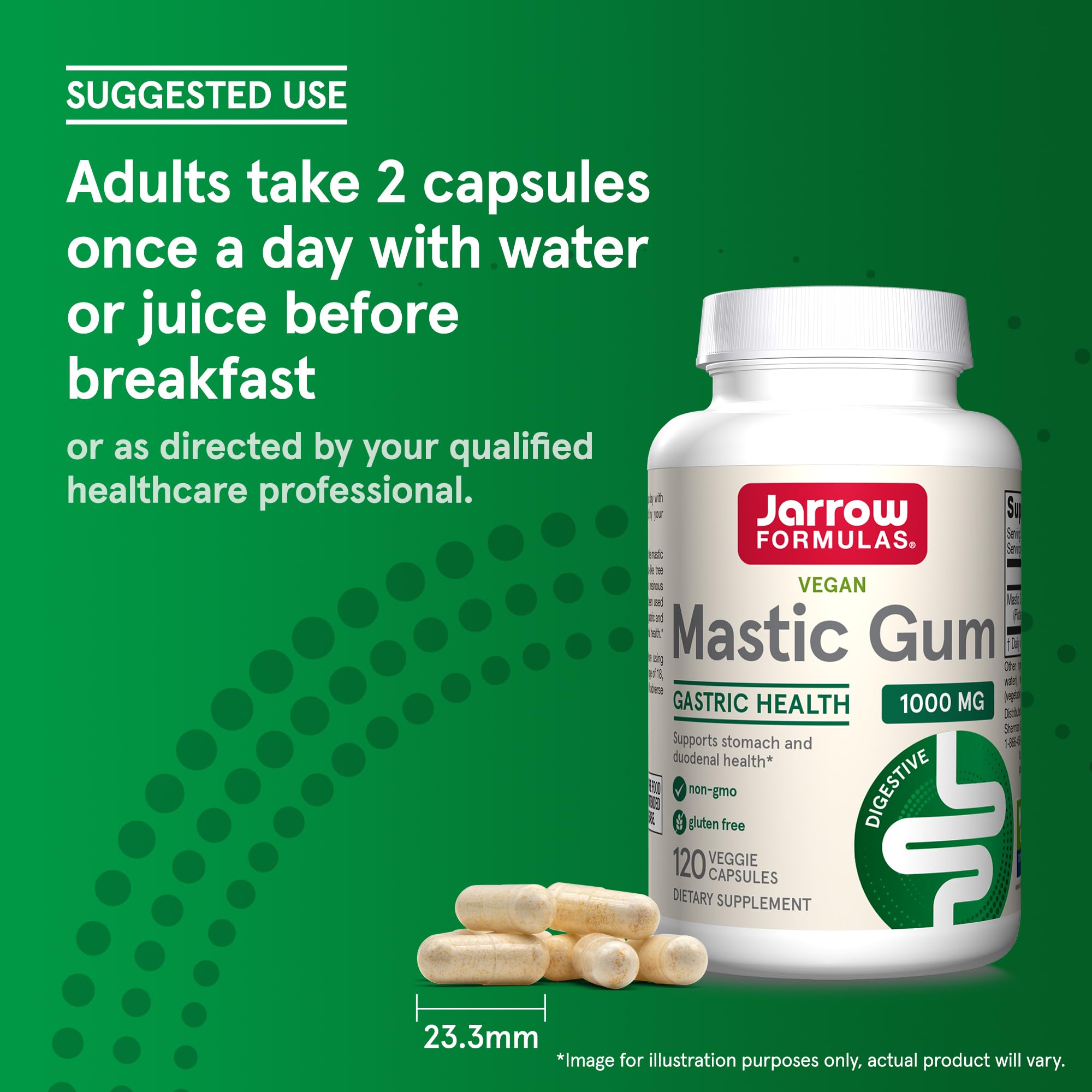 Suggested use note showing two capsules daily