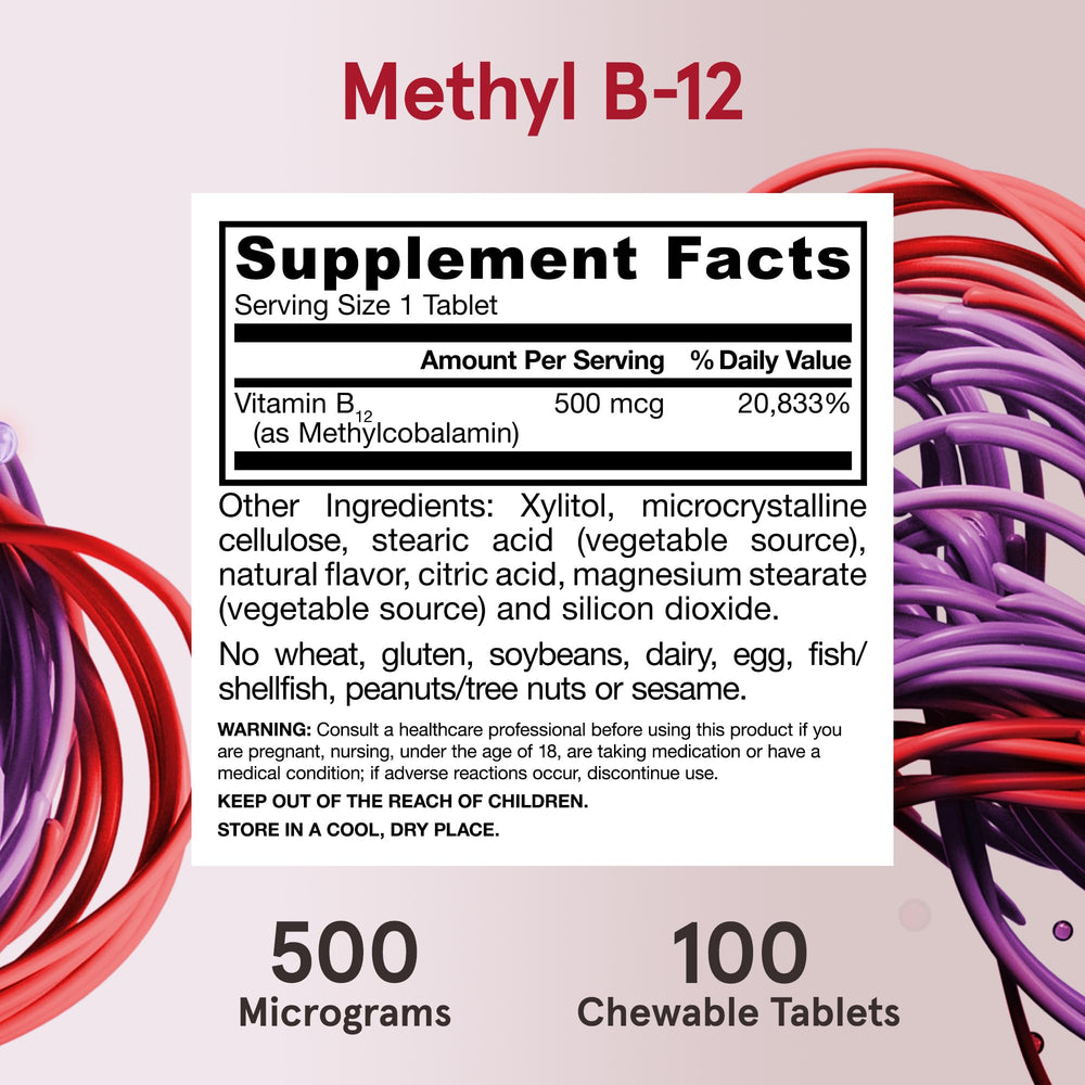 100-count bottle of Methyl B-12 indicates a long 100 day supply