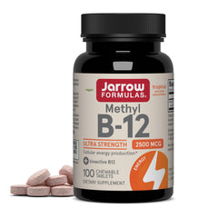 Jarrow Formulas Methyl B-12 tropical-flavor chewable tablet for energy support.