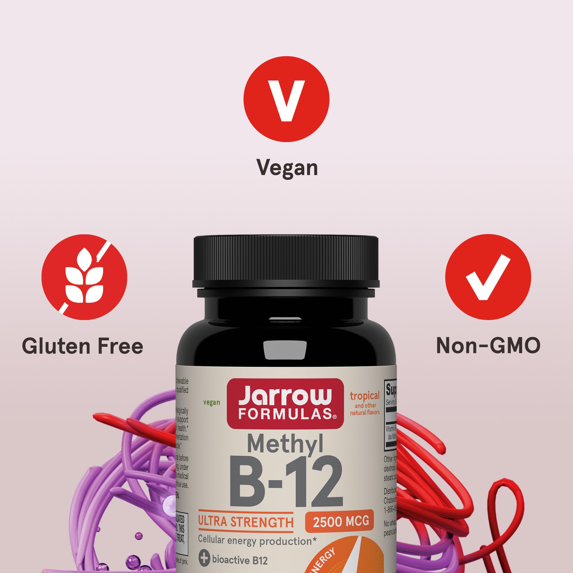 Jarrow Formulas methyl B-12 supplement facts panel showing 2500 mcg per chewable.