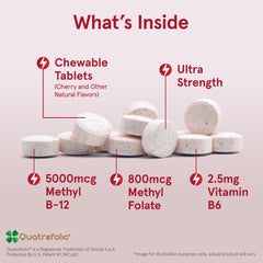 Close-up of Jarrow Formulas methyl B-12 and methyl folate active forms in chewable tablet