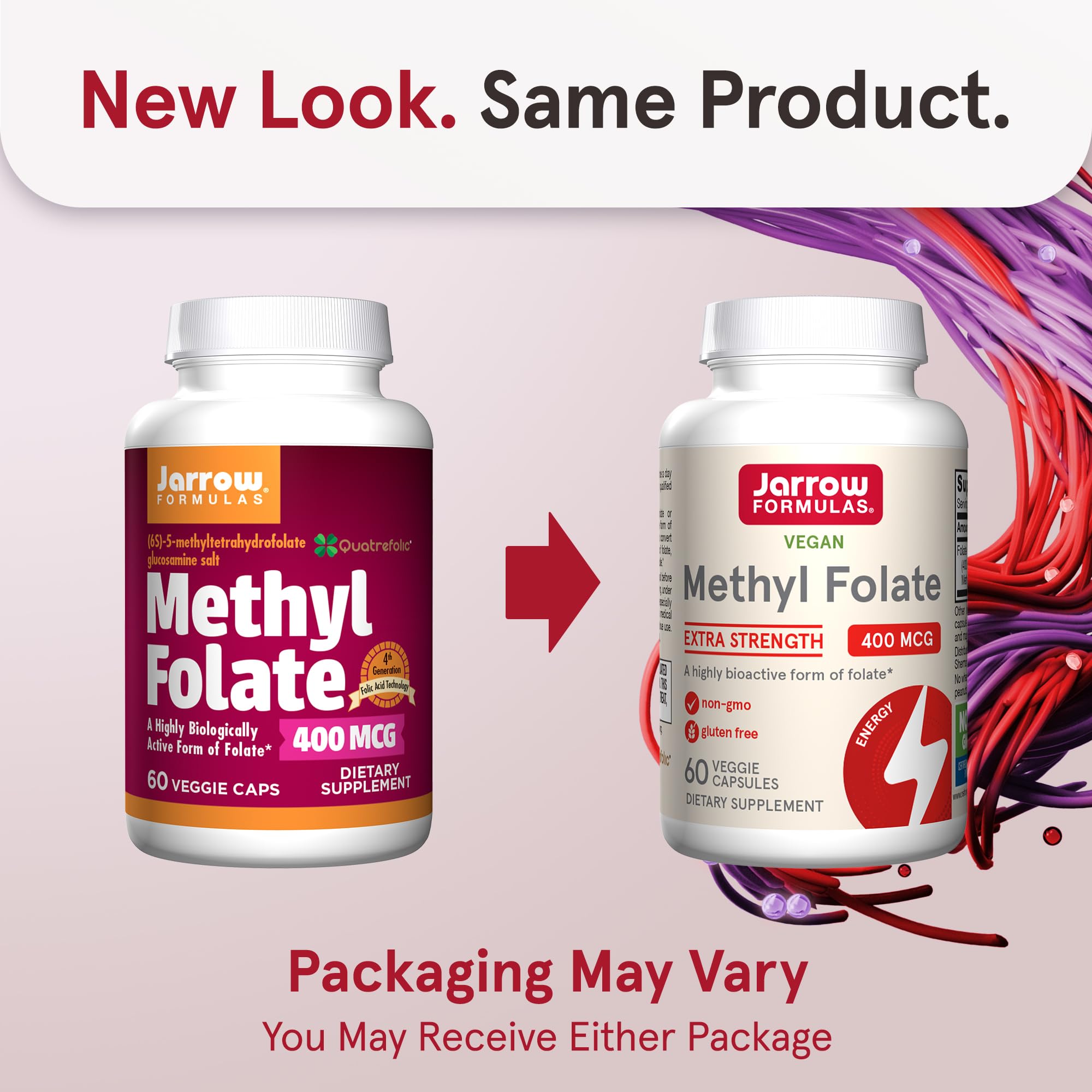 Close-up of Jarrow Formulas Quatrefolic methyl folate label highlighting bioavailable 5-MTHF.
