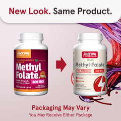 Close-up of Jarrow Formulas Quatrefolic methyl folate label highlighting bioavailable 5-MTHF.