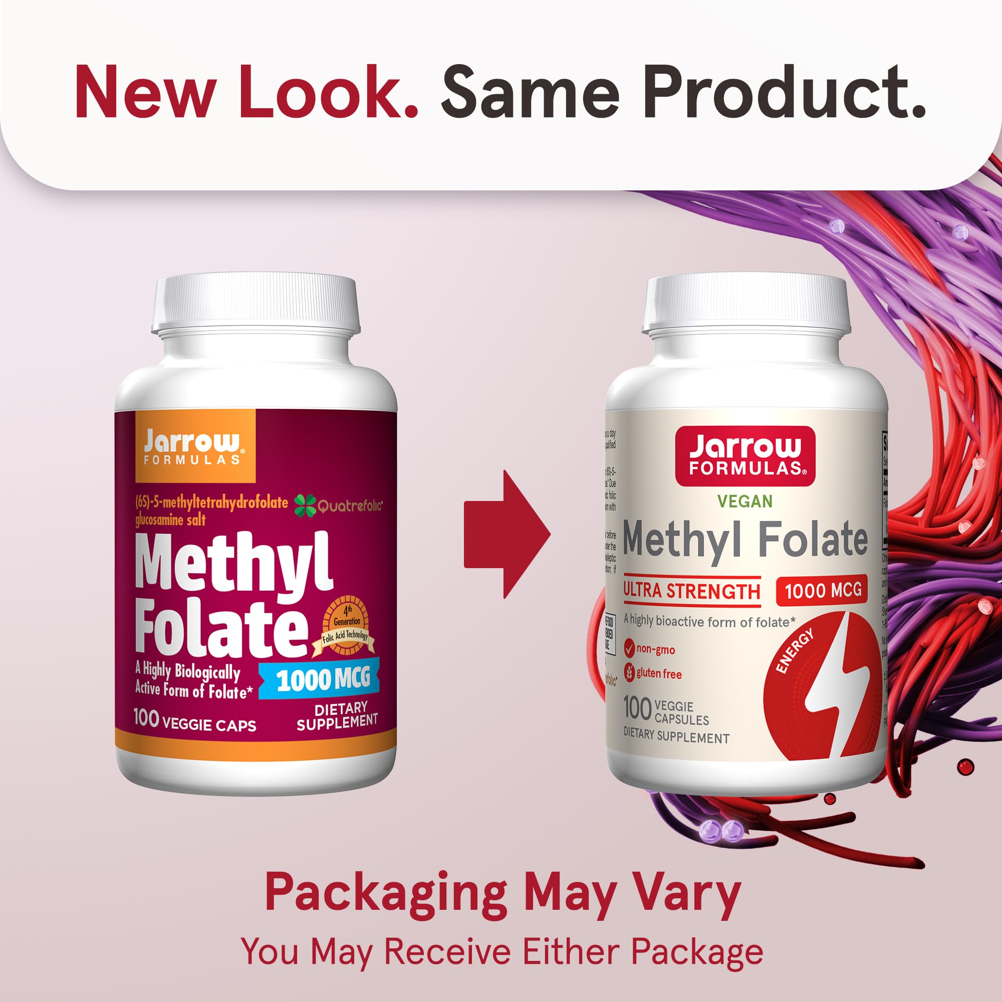 Jarrow Formulas Methyl Folate bottle label highlighting Quatrefolic bioactive folate