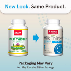 Jarrow Formulas Milk Thistle capsules close-up highlighting 150 mg extract.