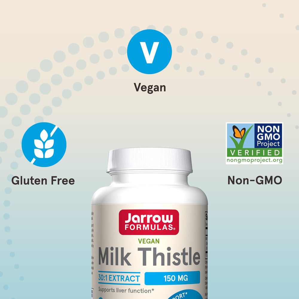 Jarrow Formulas Milk Thistle bottle with glass representing daily liver support habit.