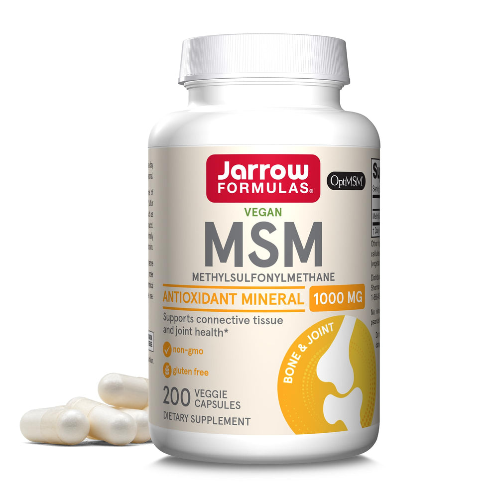 Jarrow Formulas MSM 1000 mg bottle front, sulfur source for connective tissue.