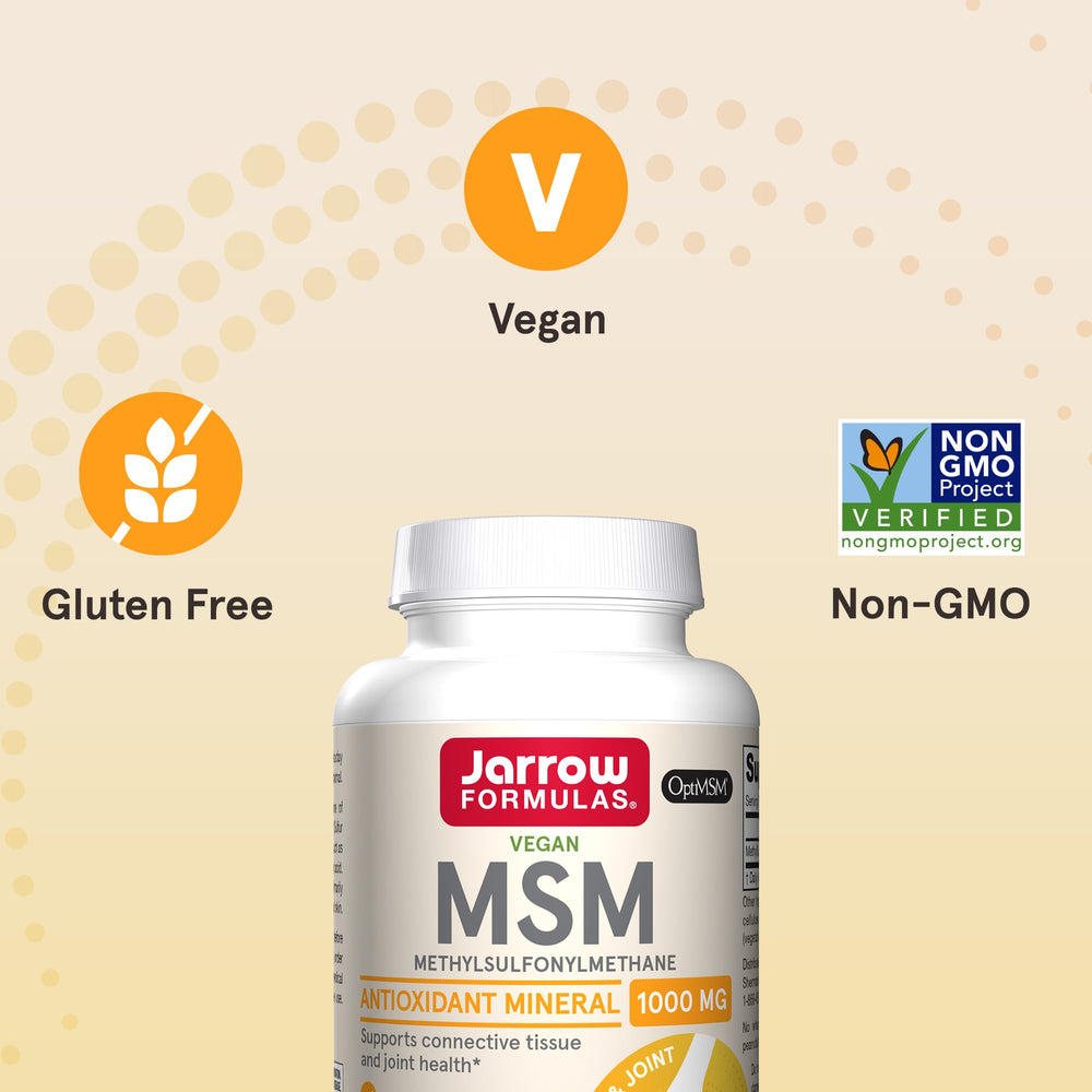 Jarrow Formulas MSM 1000 mg bottle in kitchen counter setting, daily supplement routine.