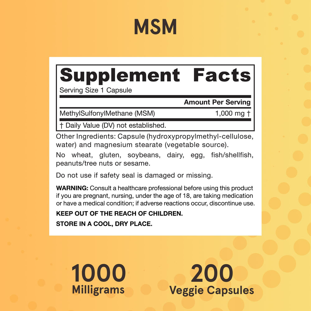 Jarrow Formulas MSM 1000 mg bottle on counter, capsules displayed.