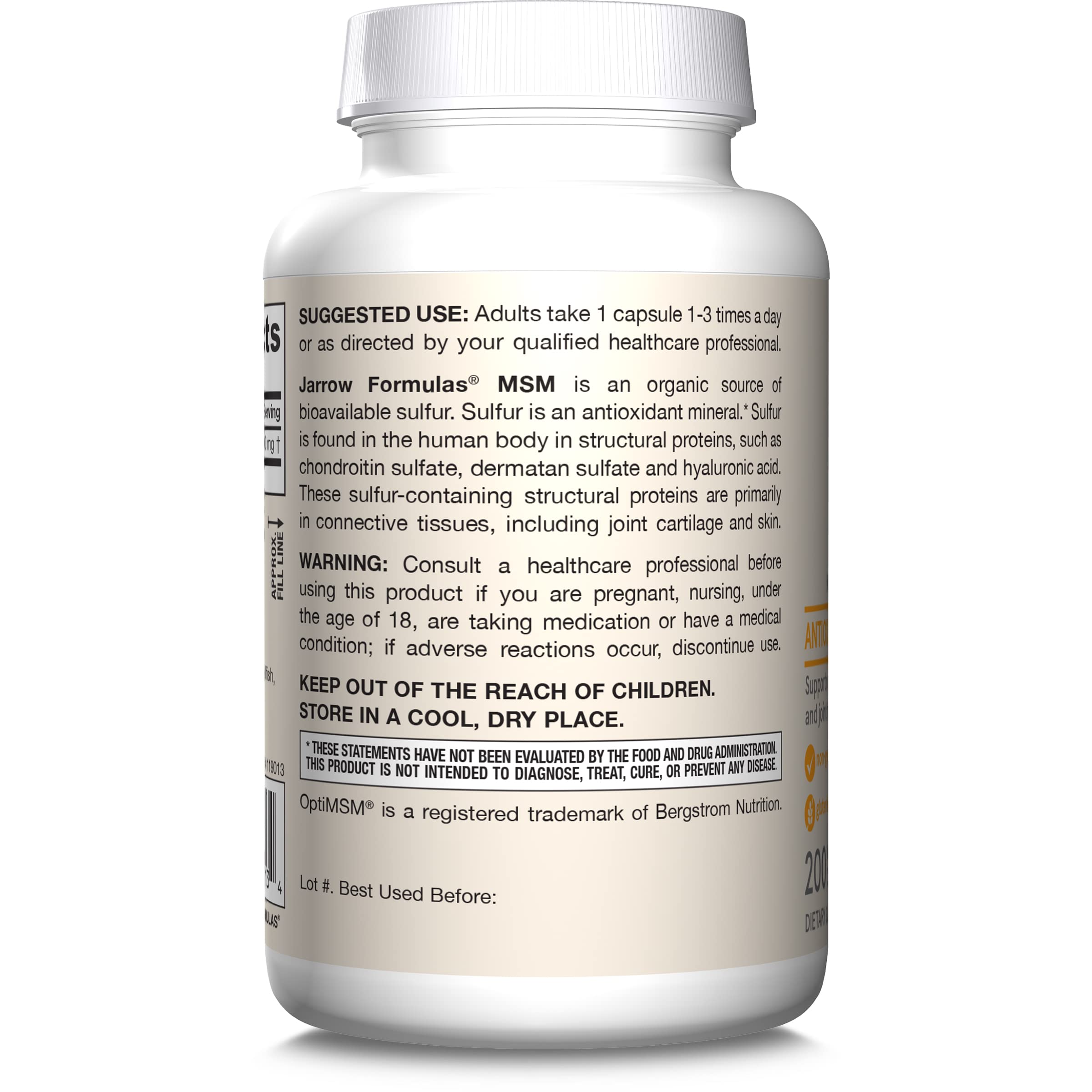 Jarrow Formulas MSM 1000 mg health routine visual, connective tissue support.
