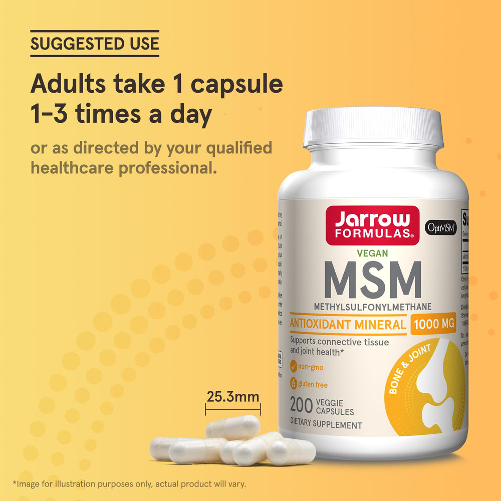 Jarrow Formulas MSM 1000 mg packaging, vegan-friendly sulfur supplement.