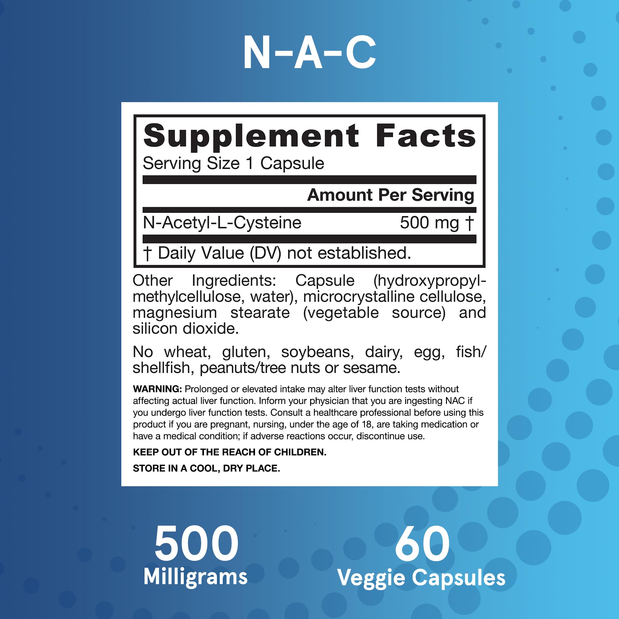 Back side of NAC 500 mg packaging with supplement facts