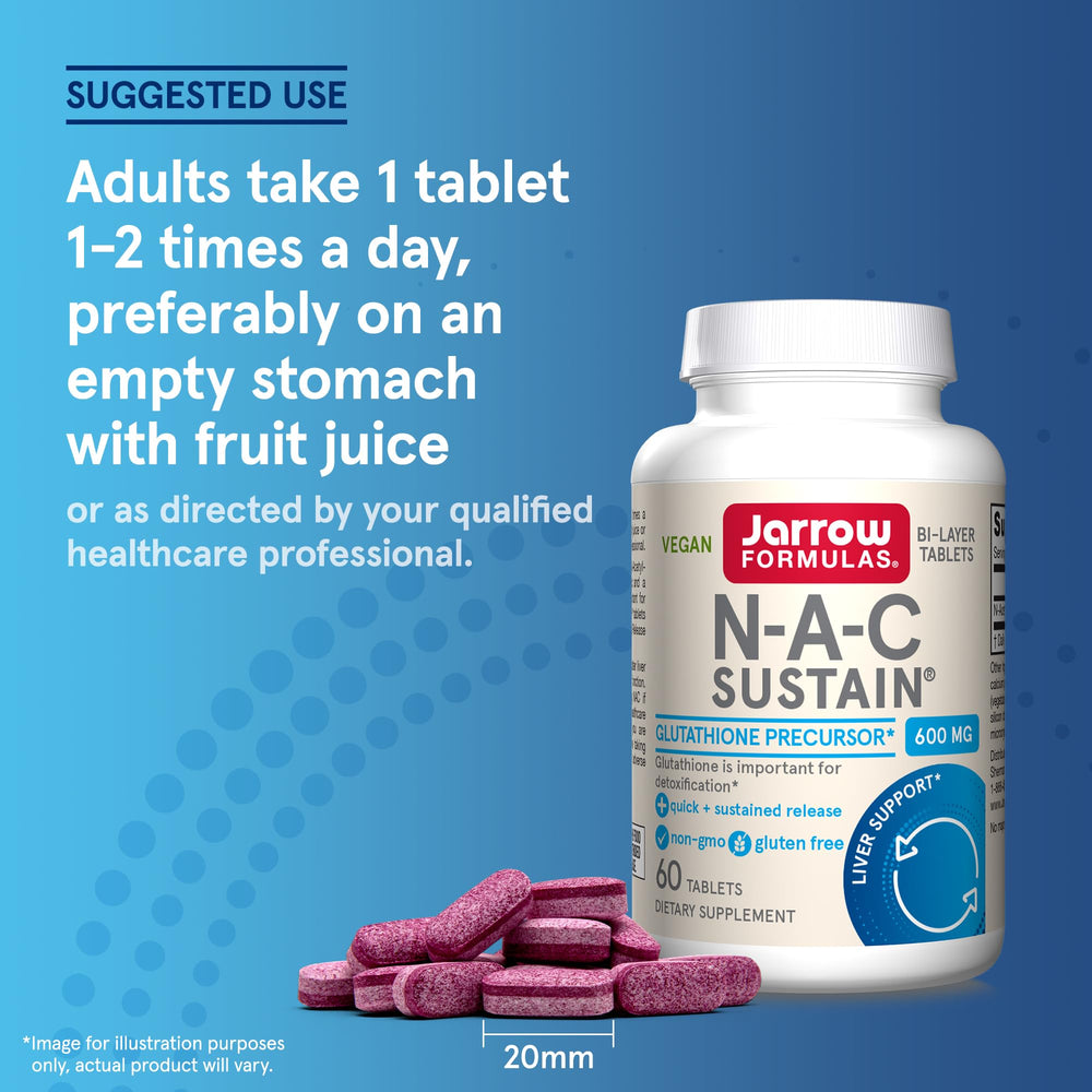 Jarrow Formulas NAC Sustain label badge showing non-GMO and gluten-free status