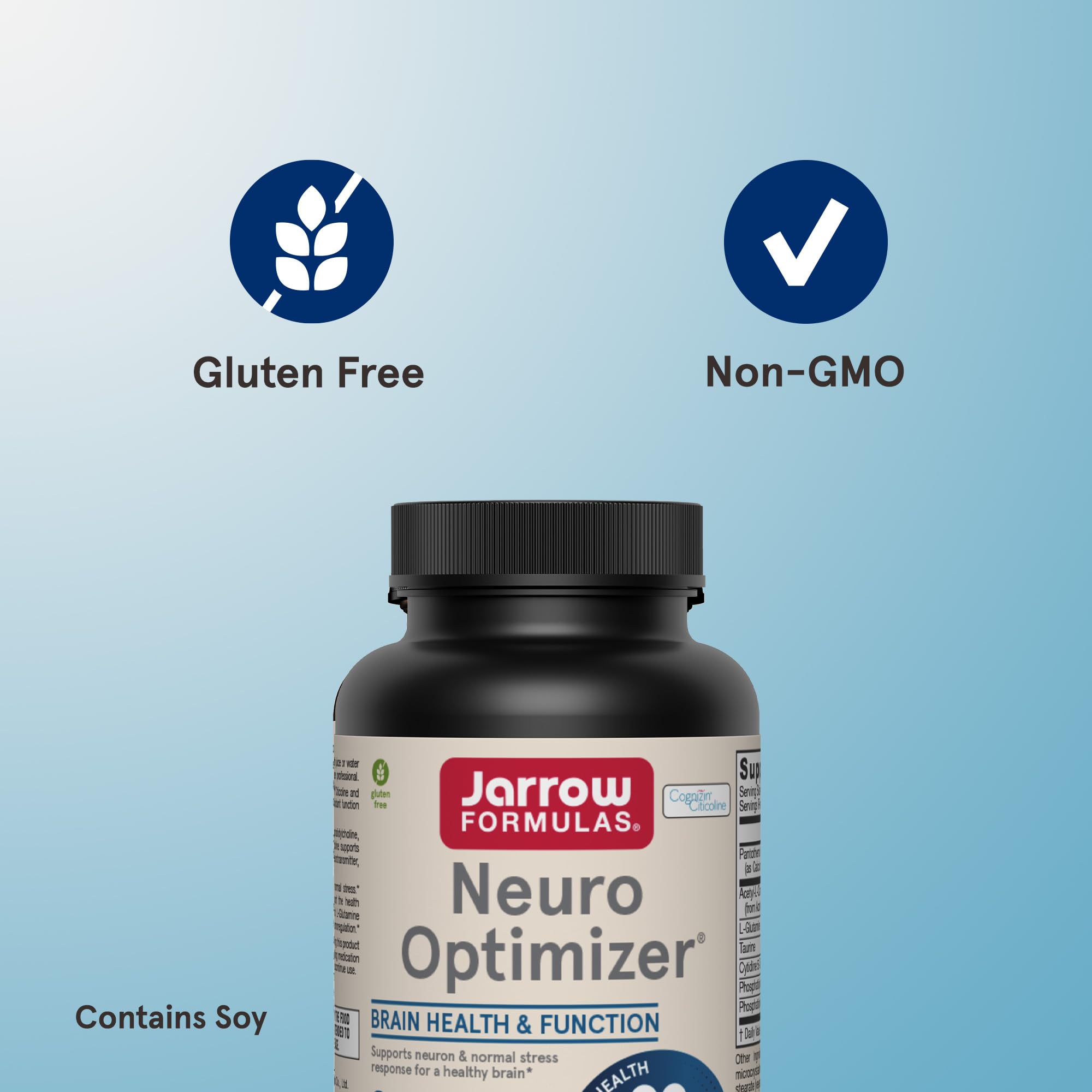 Jarrow Formulas Neuro Optimizer bottle with water illustrating daily use.