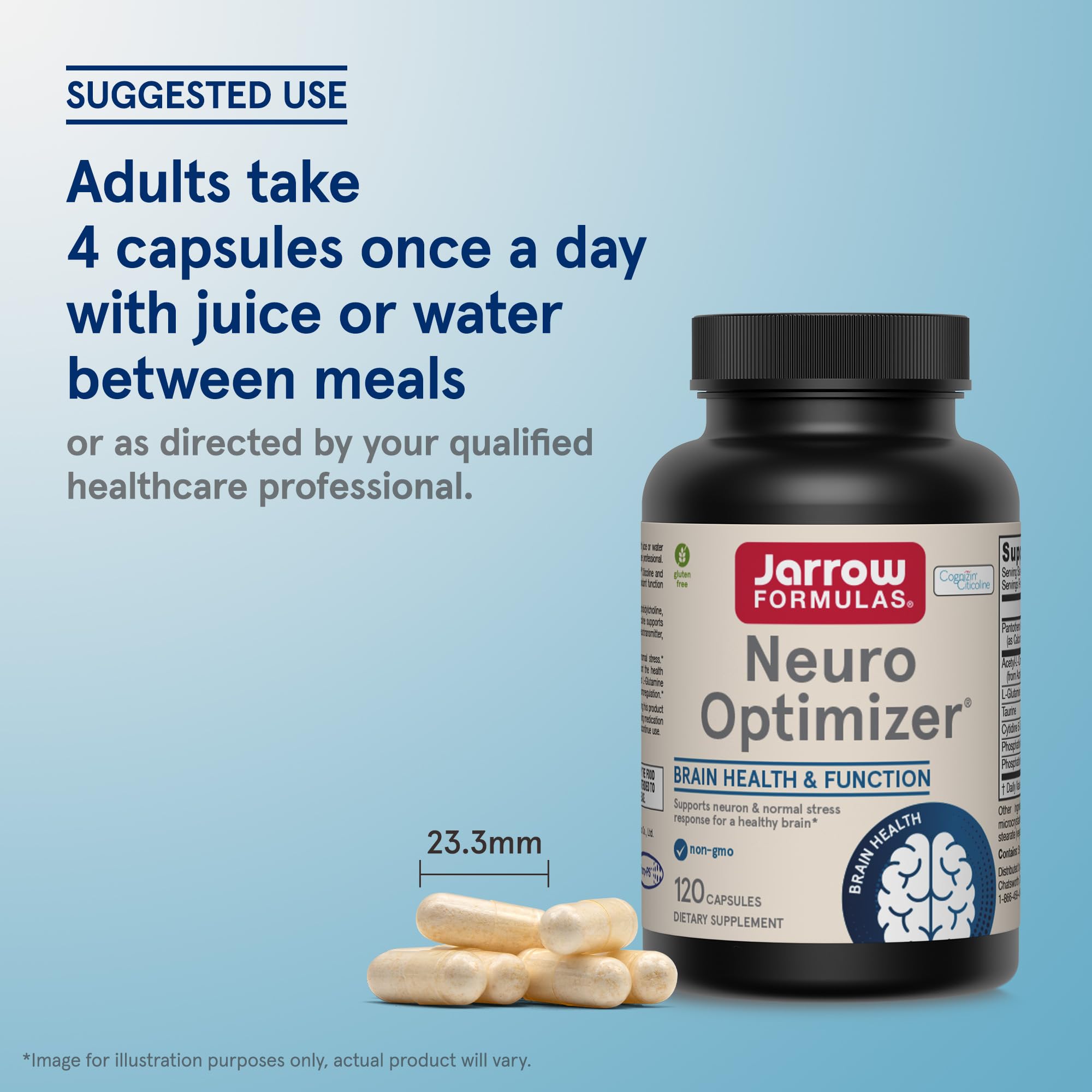 Jarrow Formulas Neuro Optimizer ingredients icons highlighting nutrient mix.