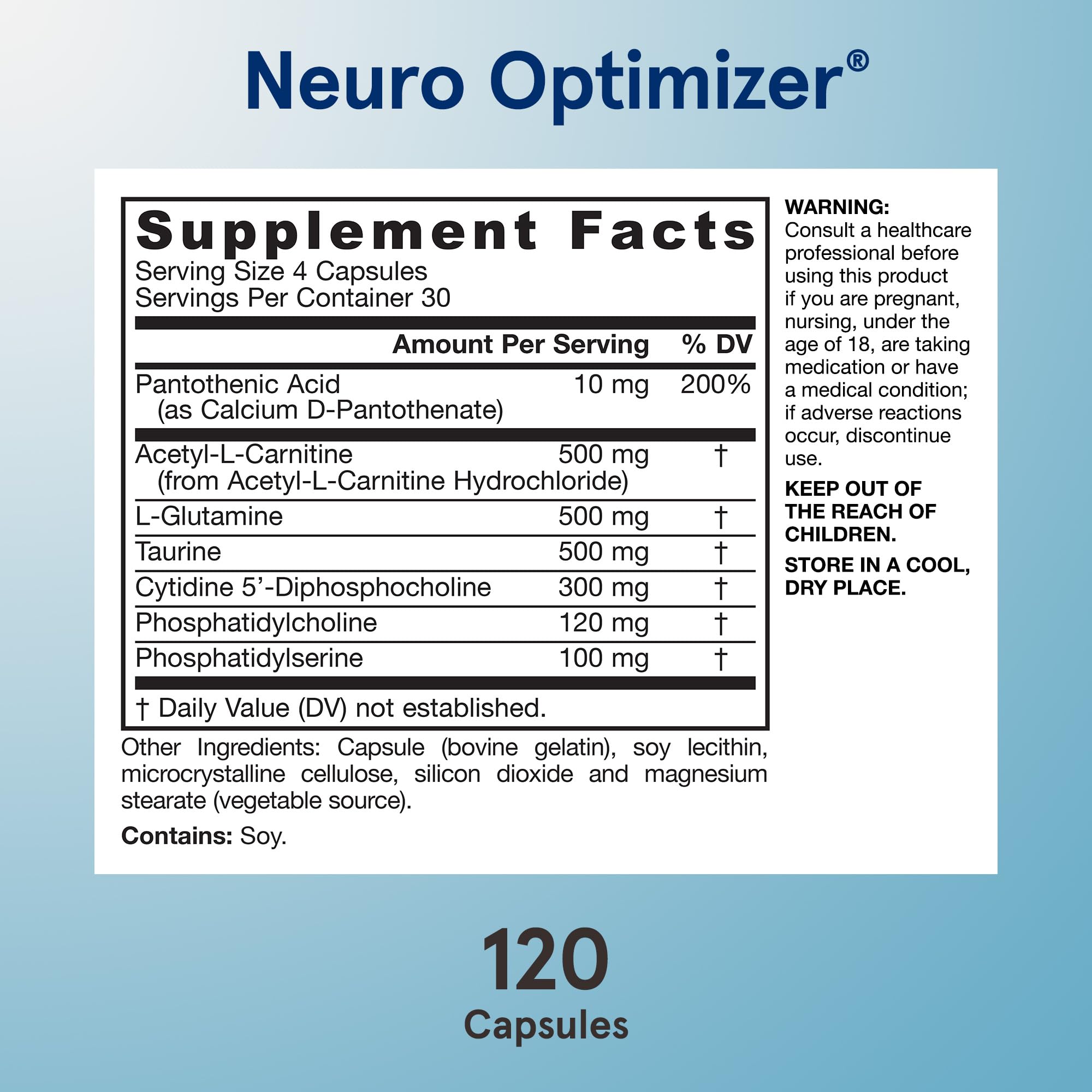 Jarrow Formulas Neuro Optimizer serving size on bottle label.