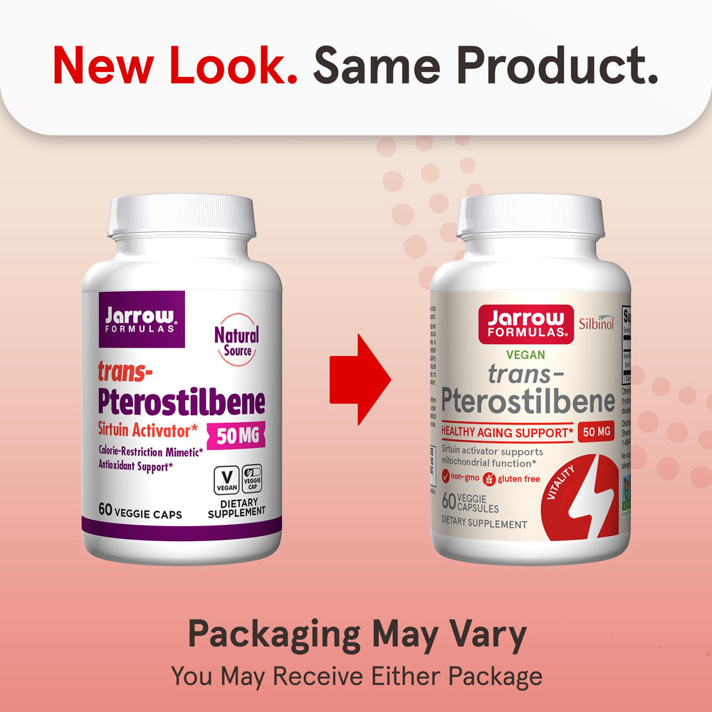Jarrow Formulas Pterostilbene 50mg capsules shown for daily antioxidant intake.