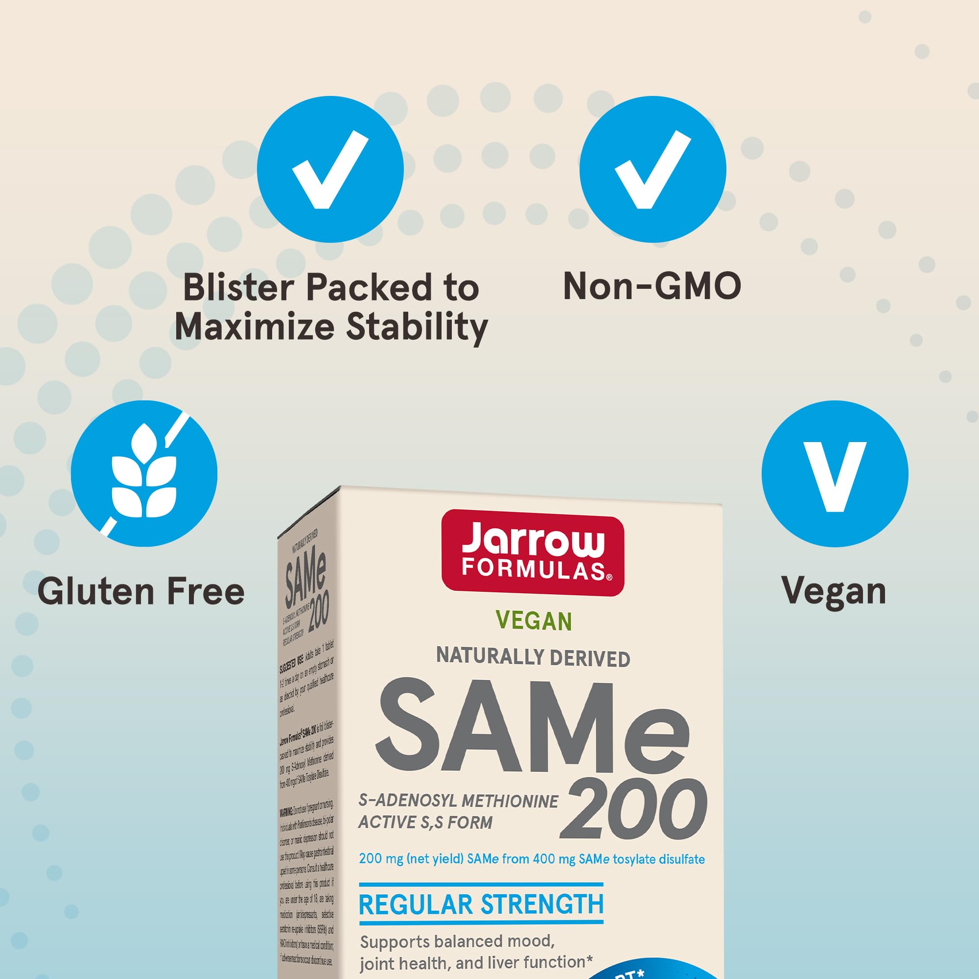 Bottle with 60-day supply label for Jarrow Formulas SAMe 200 mg.