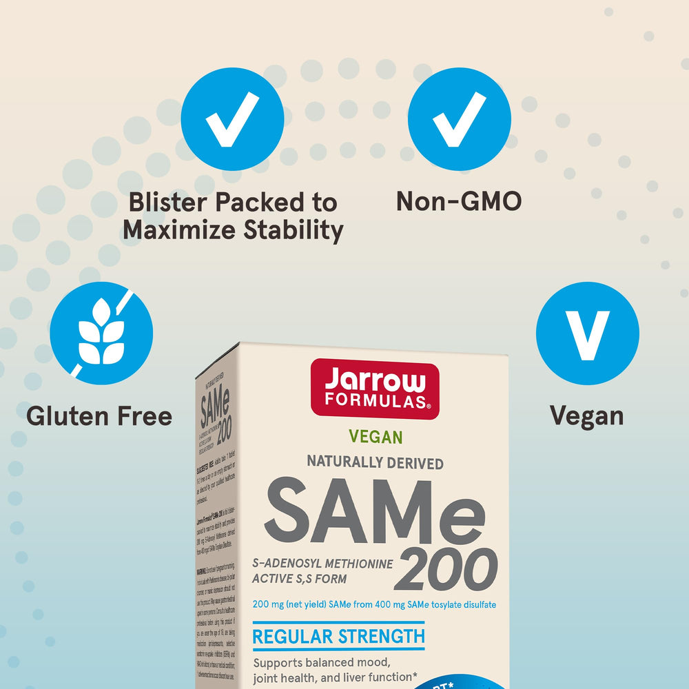 Bottle with 60-day supply label for Jarrow Formulas SAMe 200 mg.