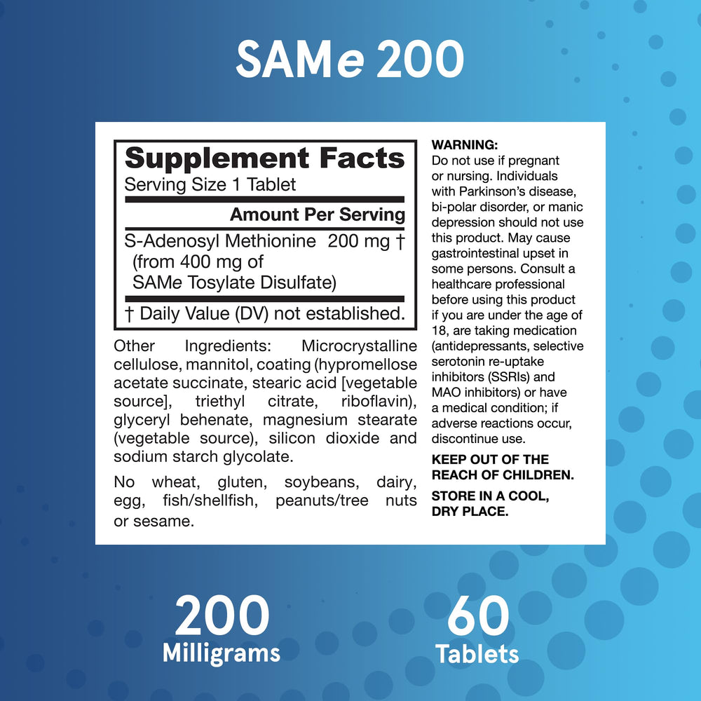 Front view of Jarrow Formulas SAMe 200 mg bottle for daily wellness.