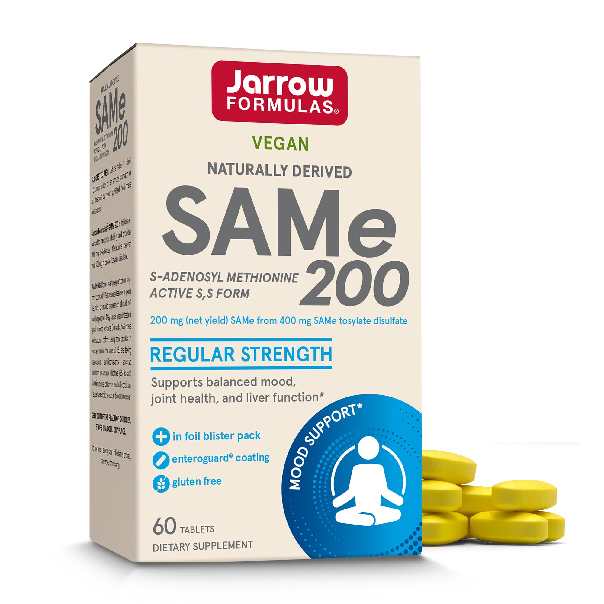 Jarrow Formulas SAMe 200 mg bottle label highlights branding and potential joint health benefits.