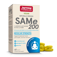 Jarrow Formulas SAMe 200 mg bottle label highlights branding and potential joint health benefits.