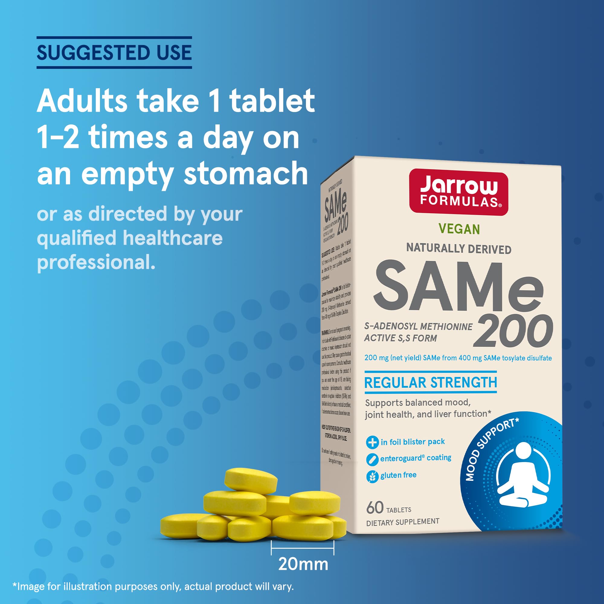 Science-backed formulation notes on Jarrow SAMe 200 mg packaging.