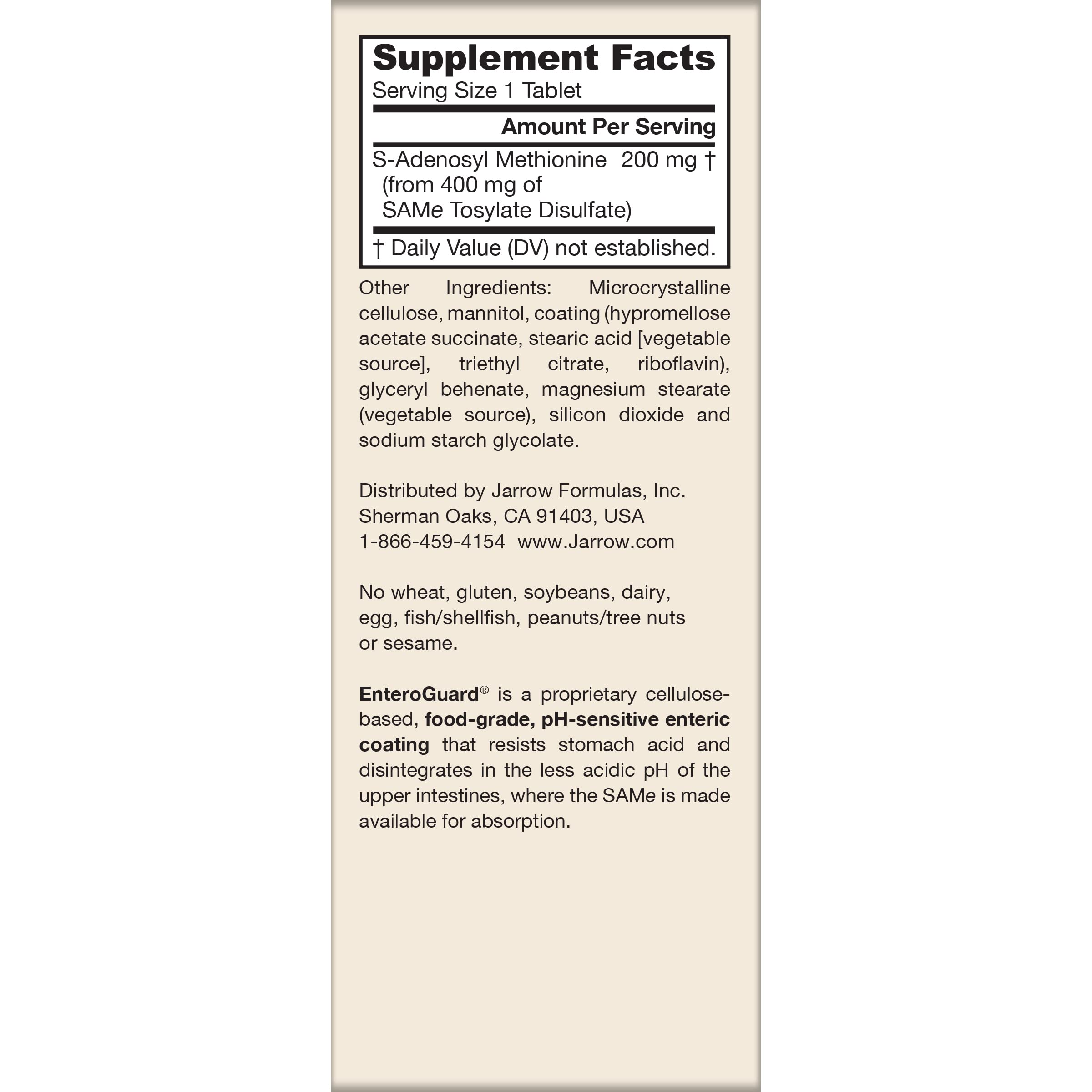 Supplement facts panel lists 200 mg SAMe per serving.