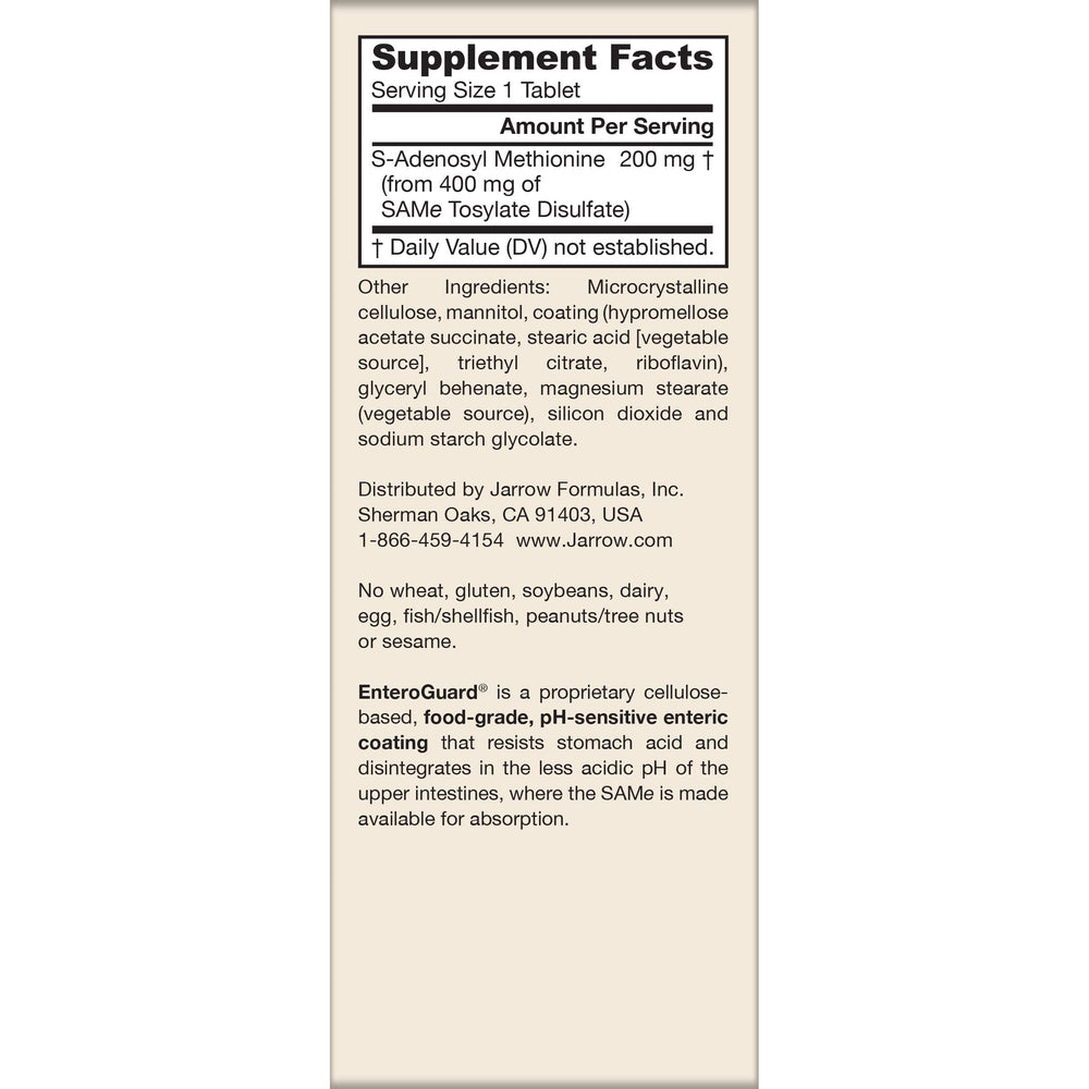 Supplement facts panel lists 200 mg SAMe per serving.